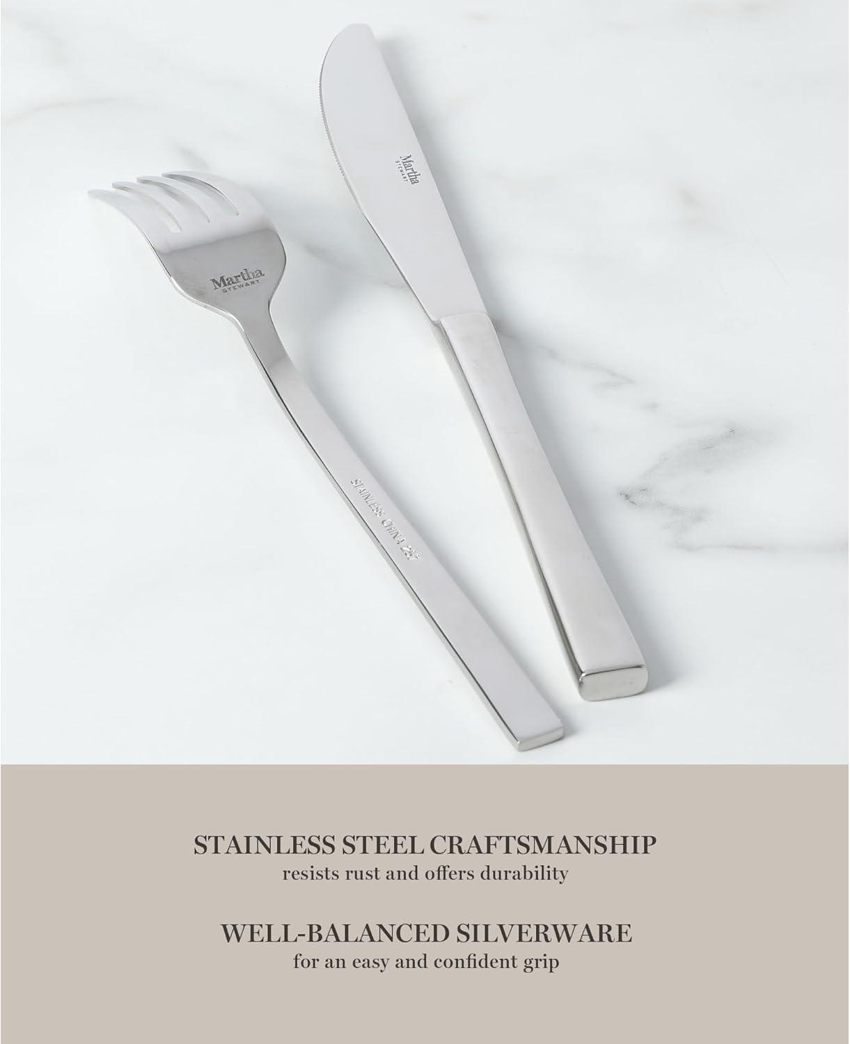 imageMartha Stewart Watercliffe 16 pc Flatware Silverware Set Stainless Steel Utensils Forks Spoons Knives Service for 4 LinenSouthland Mirror Polish