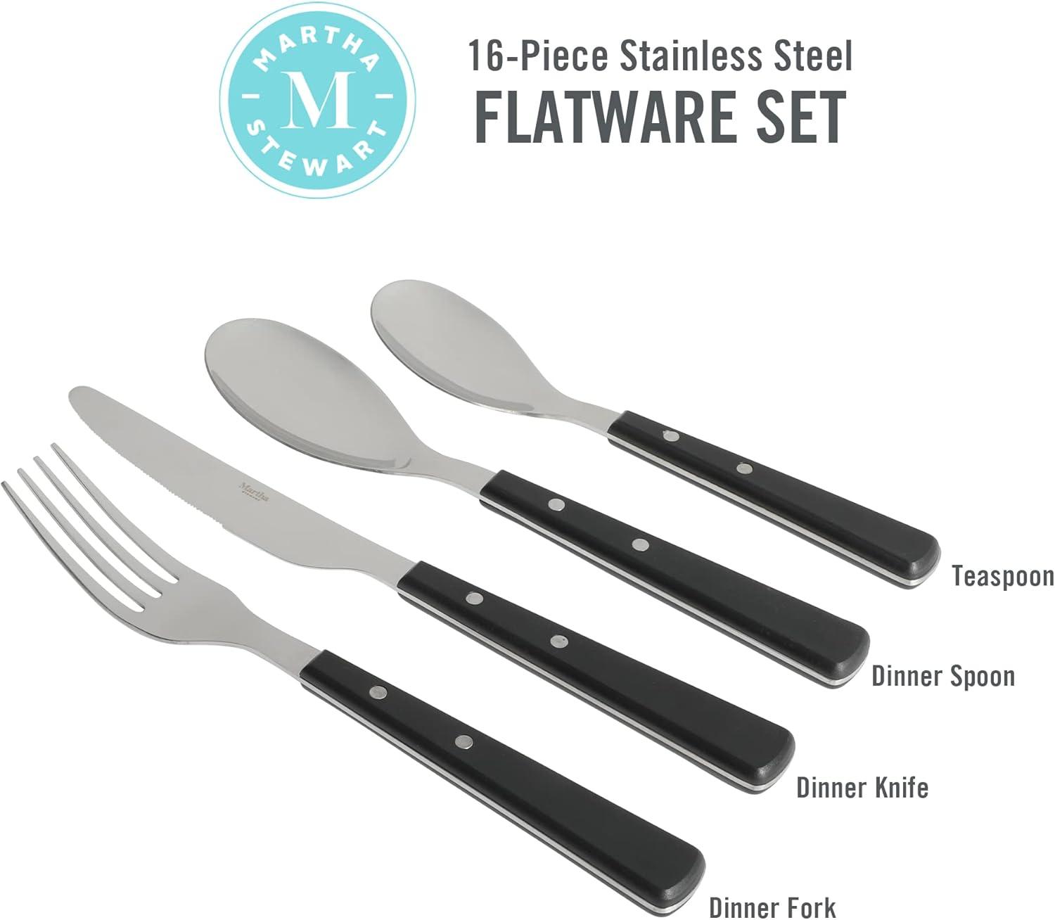 imageMartha Stewart Watercliffe 16 pc Flatware Silverware Set  Stainless Steel Utensils  Forks Spoons Knives  Service for 4  LinenWatercliffe Black