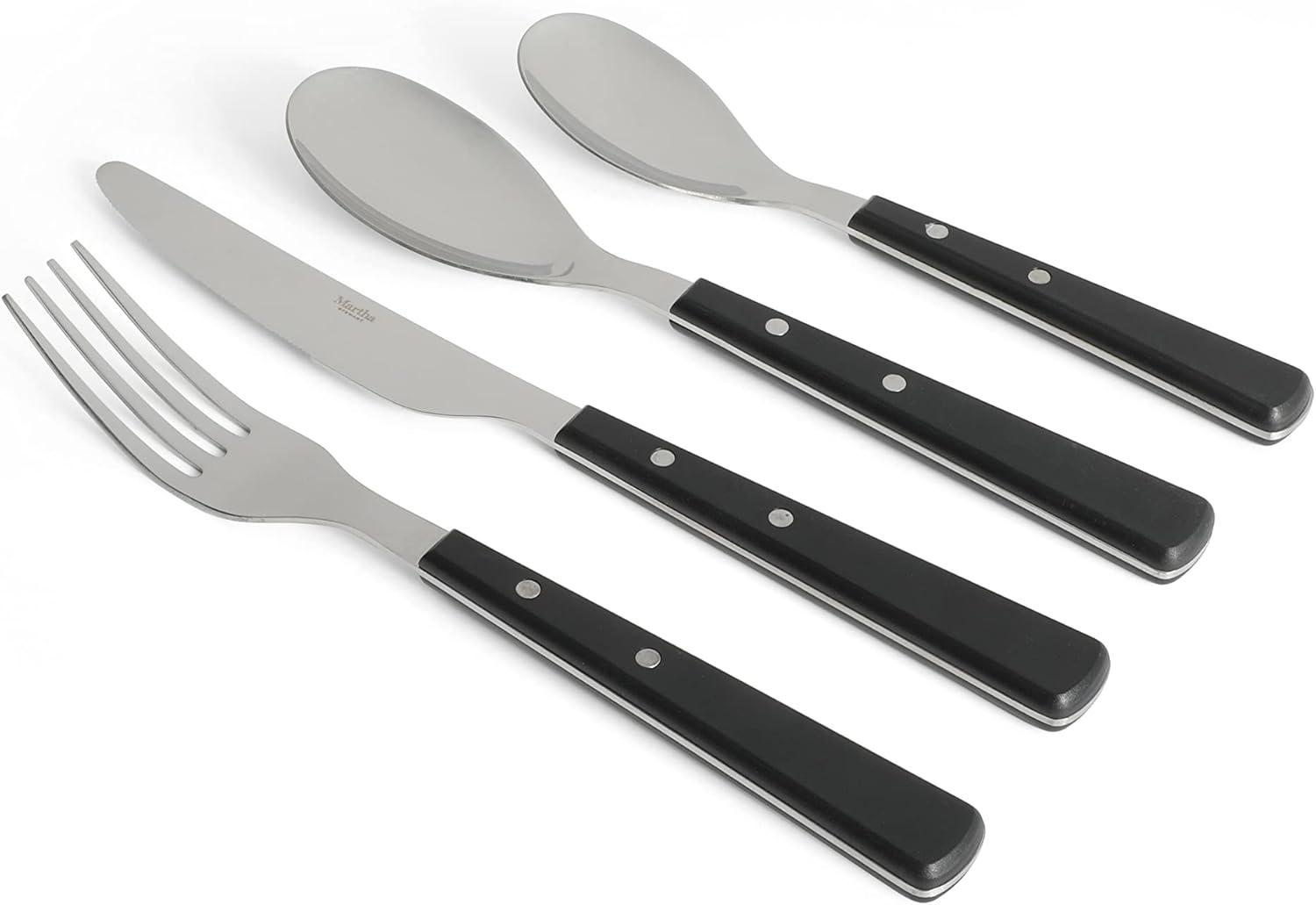 imageMartha Stewart Watercliffe 16 pc Flatware Silverware Set  Stainless Steel Utensils  Forks Spoons Knives  Service for 4  LinenWatercliffe Black