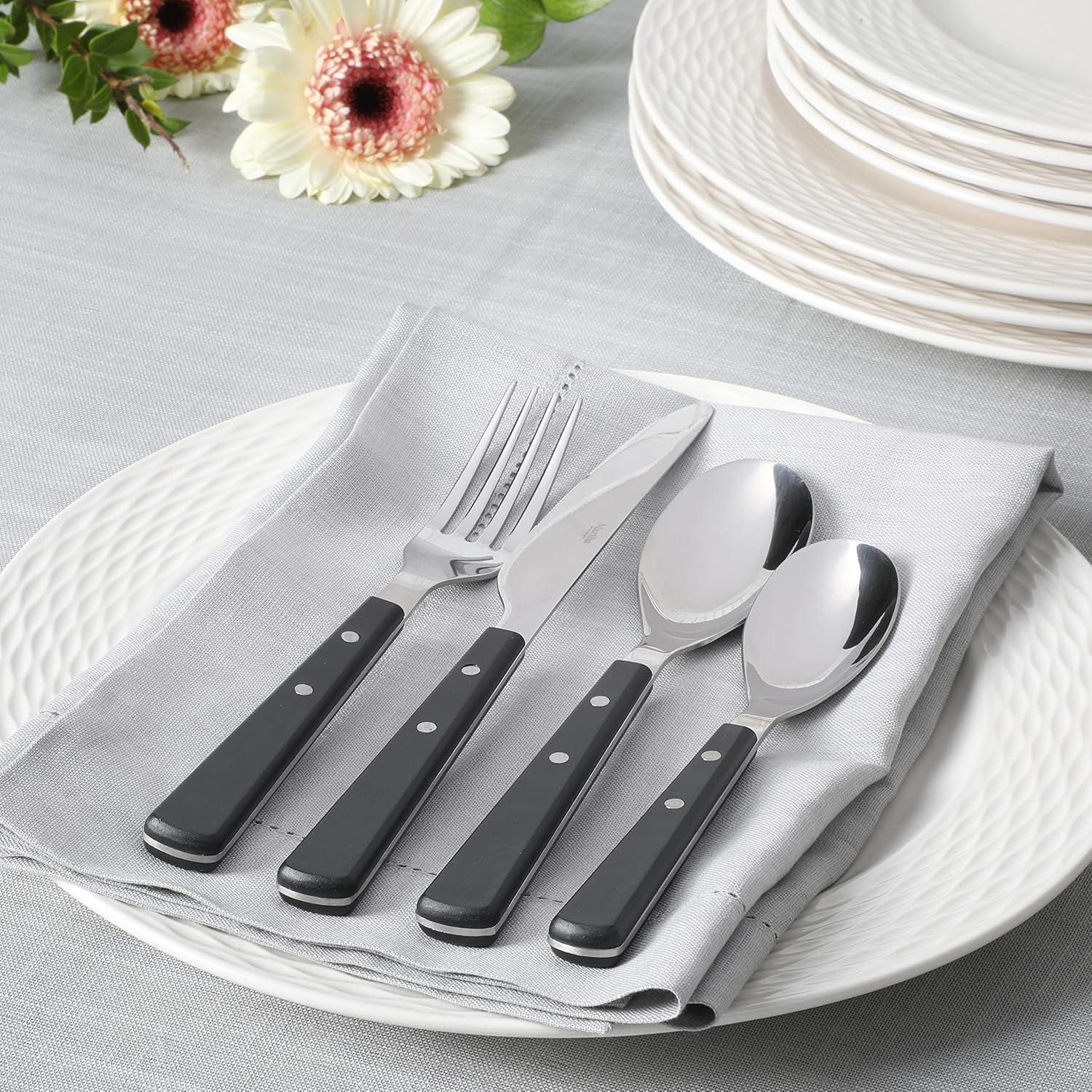 imageMartha Stewart Watercliffe 16 pc Flatware Silverware Set  Stainless Steel Utensils  Forks Spoons Knives  Service for 4  LinenWatercliffe Black