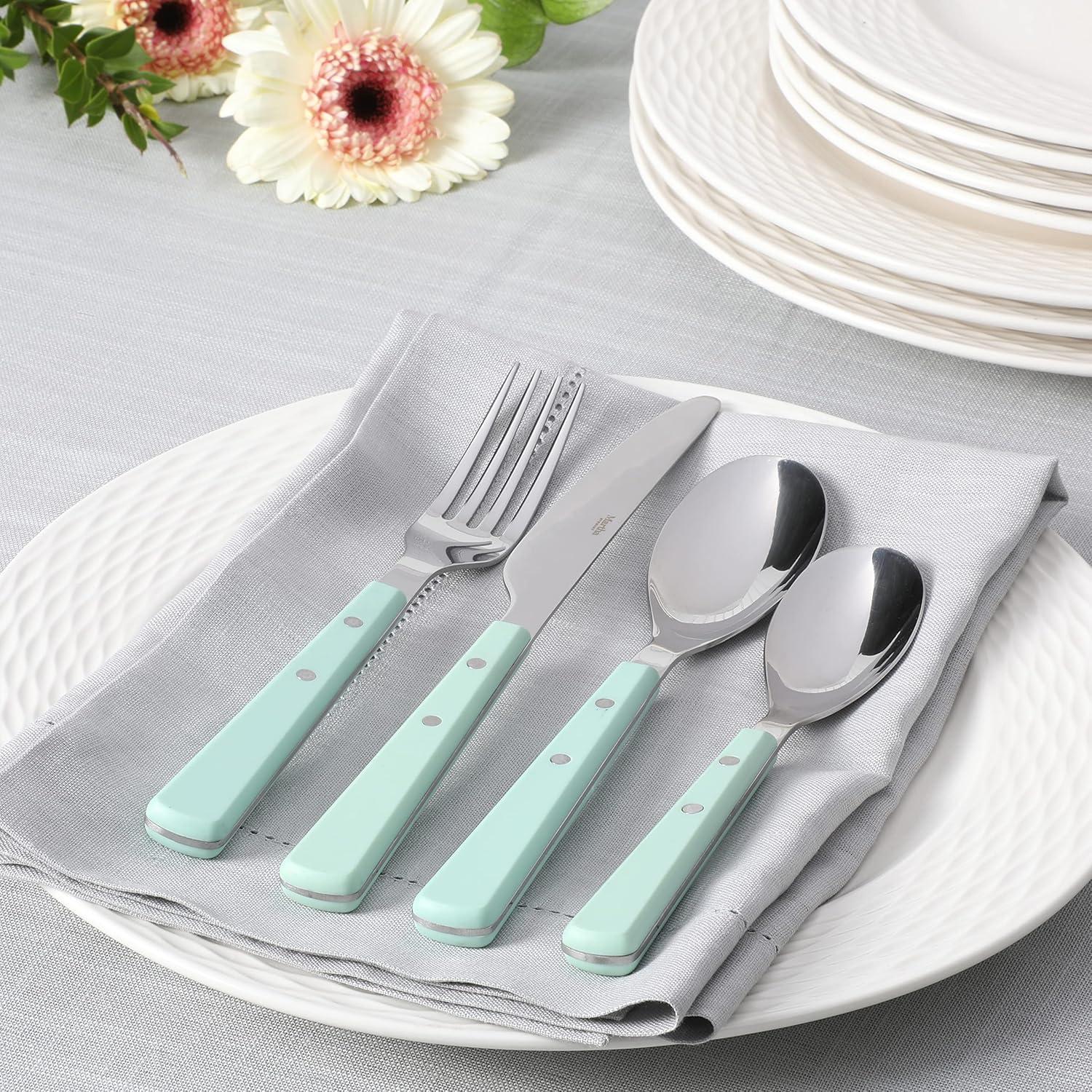 imageMartha Stewart Watercliffe 16 pc Flatware Silverware Set Stainless Steel Utensils Forks Spoons Knives Service for 4 LinenWatercliffe Martha Blue