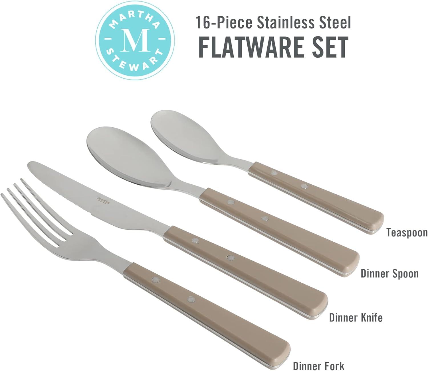 imageMartha Stewart Watercliffe 16 pc Flatware Silverware Set  Stainless Steel Utensils  Forks Spoons Knives  Service for 4  LinenWatercliffe Warm Grey