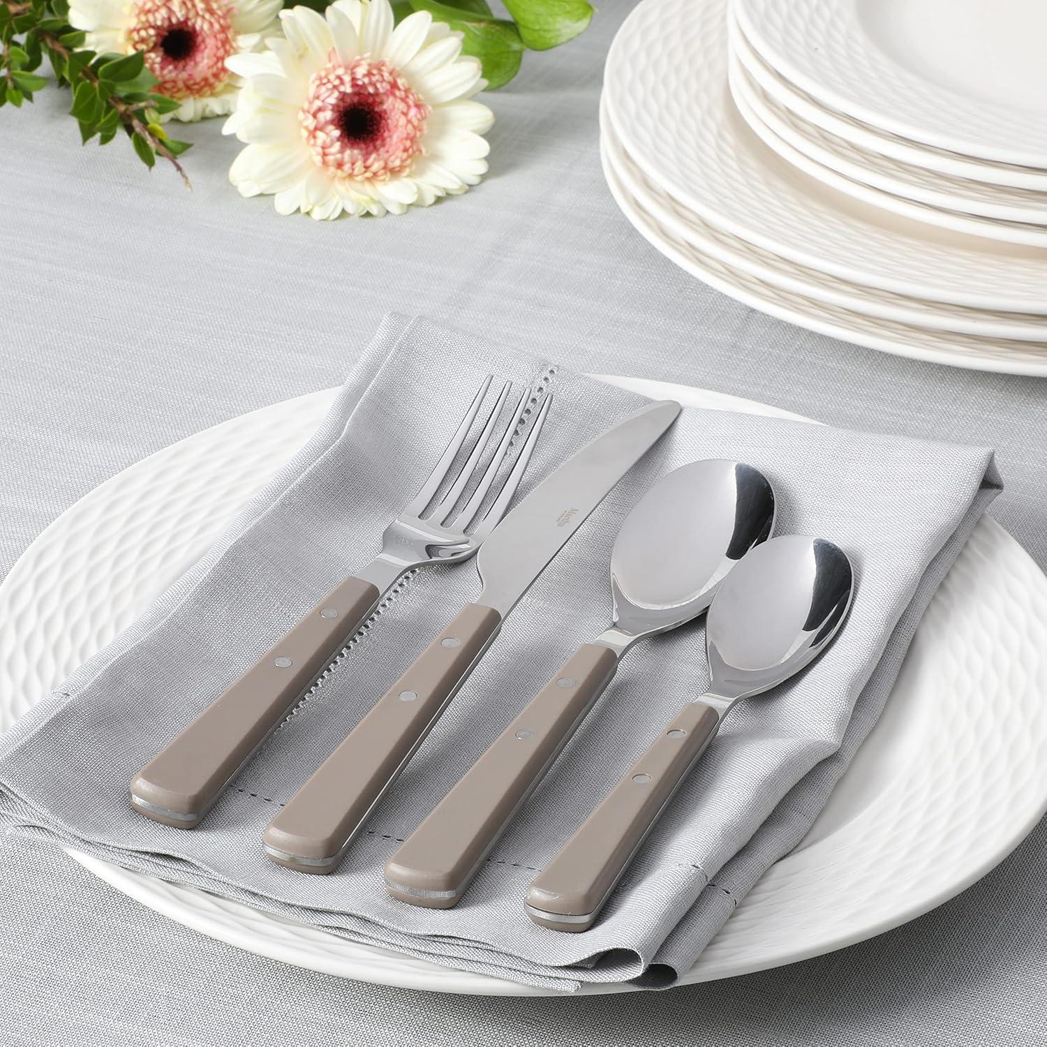 imageMartha Stewart Watercliffe 16 pc Flatware Silverware Set  Stainless Steel Utensils  Forks Spoons Knives  Service for 4  LinenWatercliffe Warm Grey