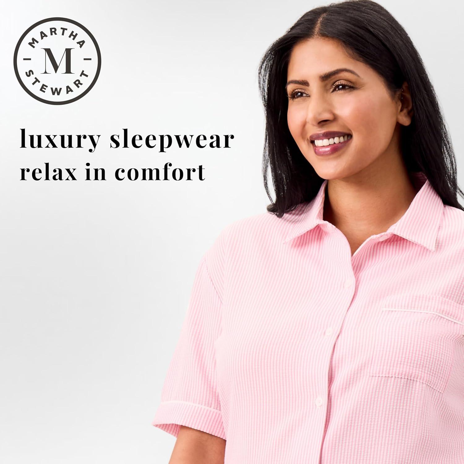 imageMartha Stewart Womens Seersucker Pajama Set  Short Sleeve Notch Collar Top ampamp Shorts Sleepwear Fuchsia Pink