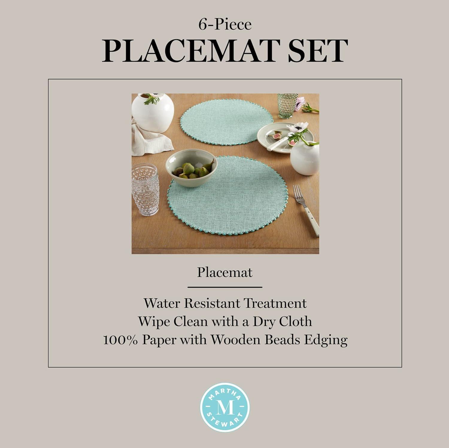 imageMartha Stewart Woven Water Resistant Lindos Placemat Set 6Pack 15quot Round BeigeAqua