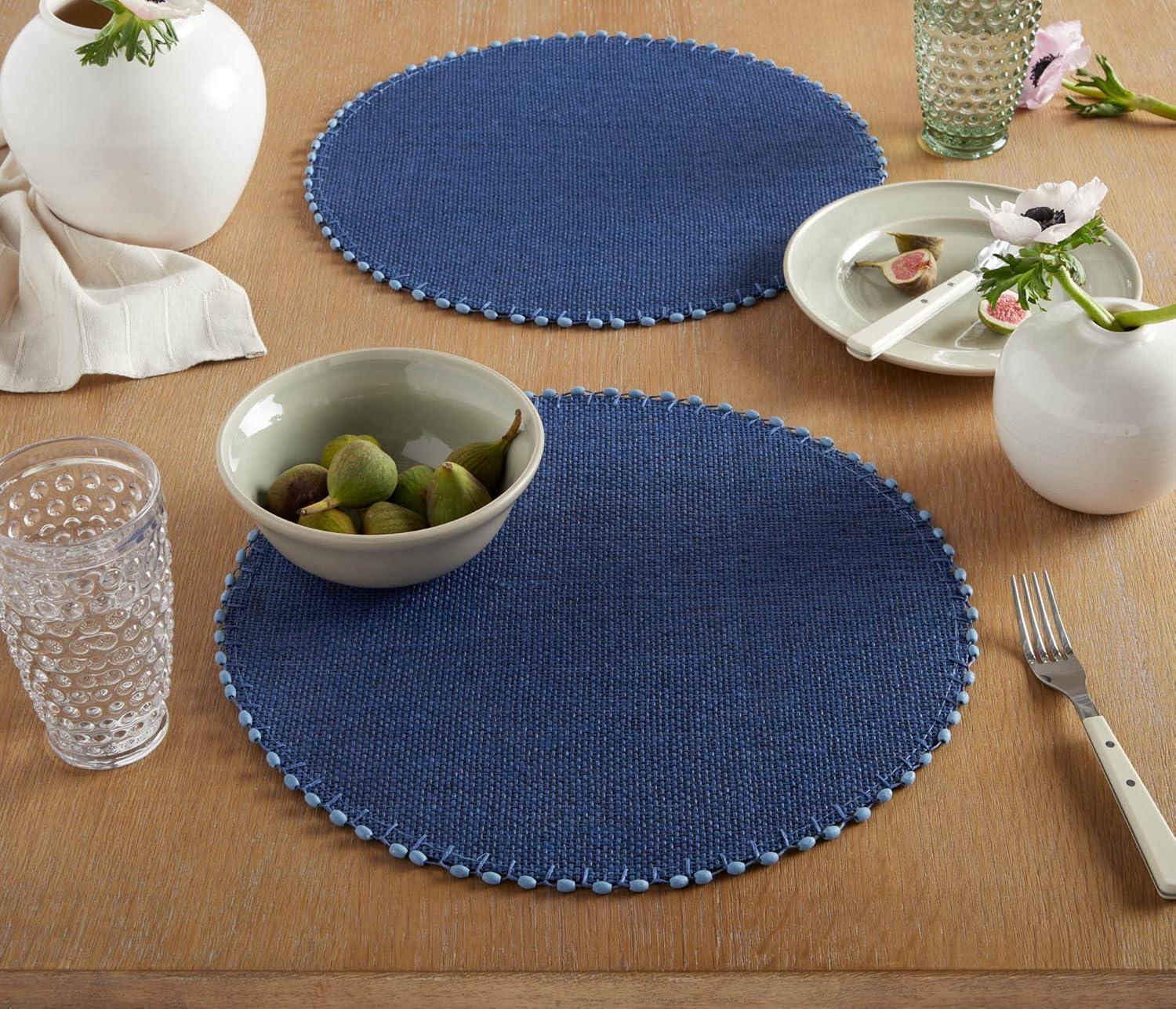 imageMartha Stewart Woven Water Resistant Lindos Placemat Set 6Pack 15quot Round BeigeNavy Blue