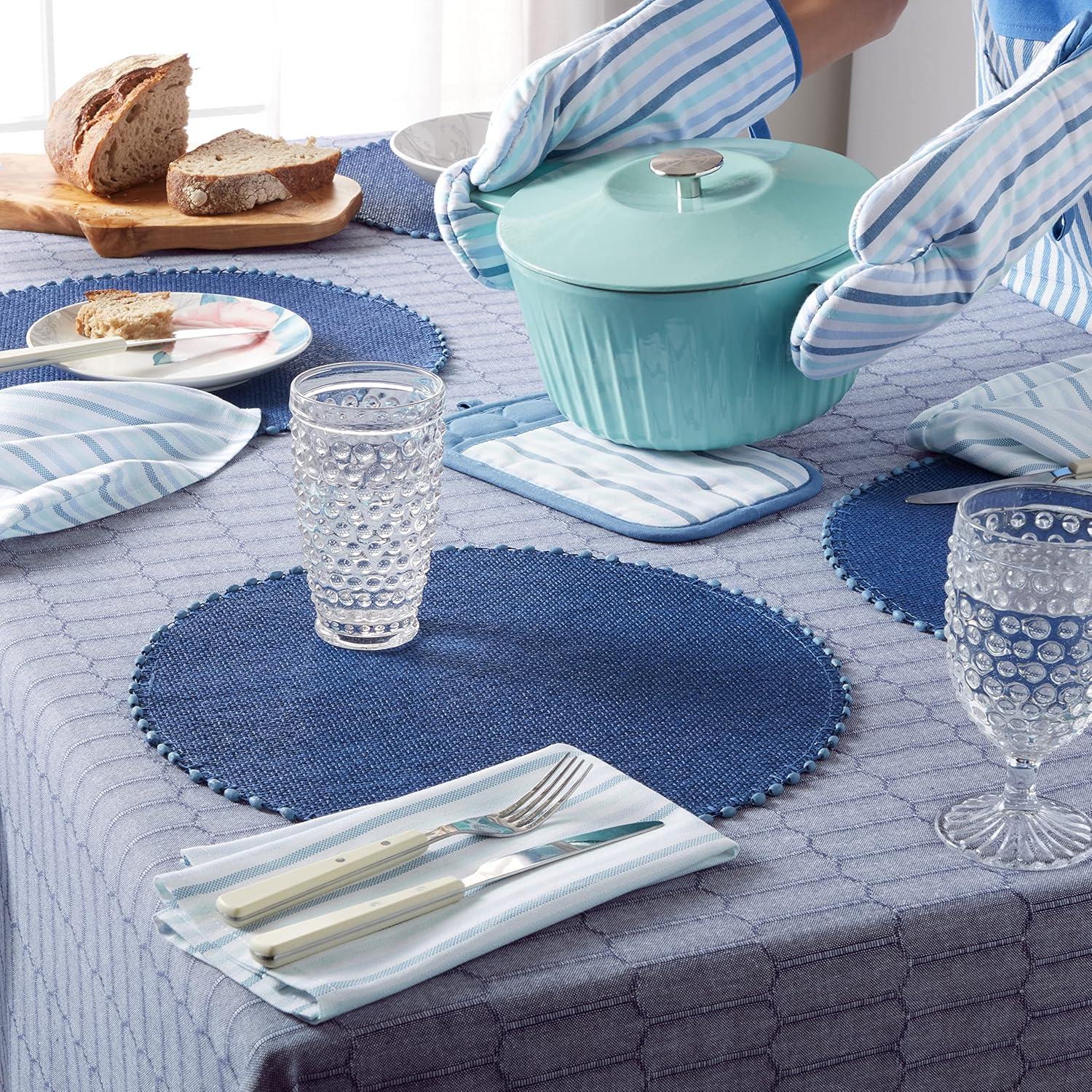 imageMartha Stewart Woven Water Resistant Lindos Placemat Set 6Pack 15quot Round BeigeNavy Blue