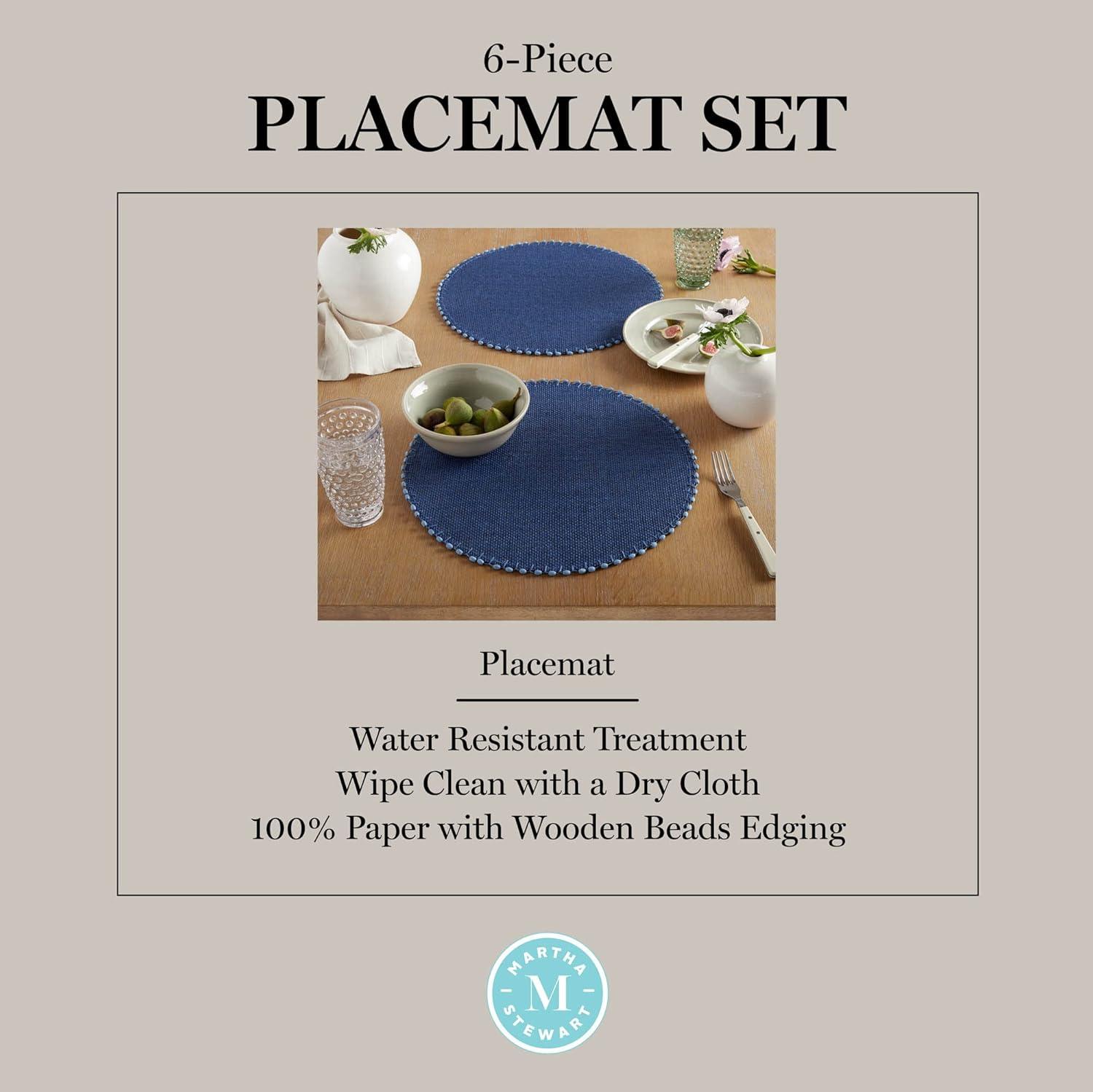 imageMartha Stewart Woven Water Resistant Lindos Placemat Set 6Pack 15quot Round BeigeNavy Blue