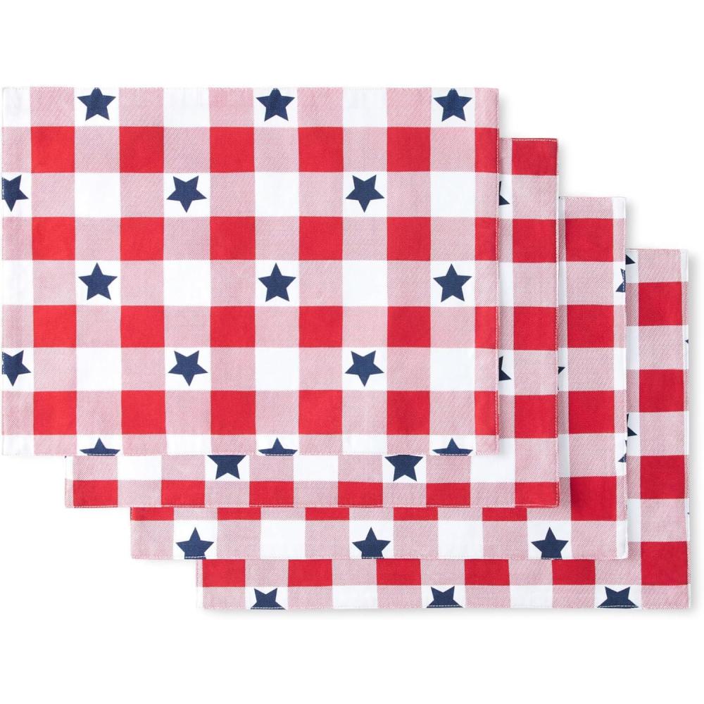 imageMARTHA STEWART Americana Star Gingham Plaid Indoor Placemat 4Pack Set Reversible Patriotic USA America Decor RedWhiteBlue 14quotx72quot