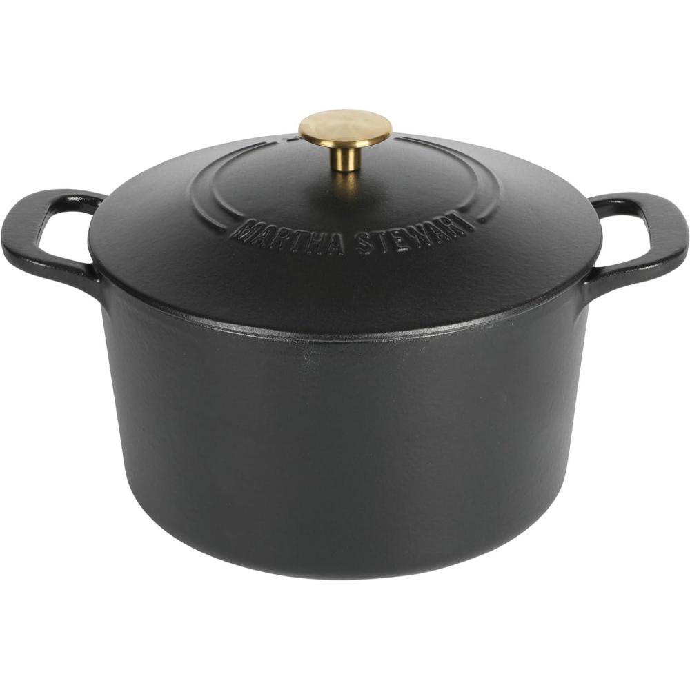 imageMARTHA STEWART Gatwick 7Quart Enamel Cast Iron Dutch Oven Martha Blue HeavyDuty Dutch Oven for Slow Cooking Braising ampamp BakingBlack Matte
