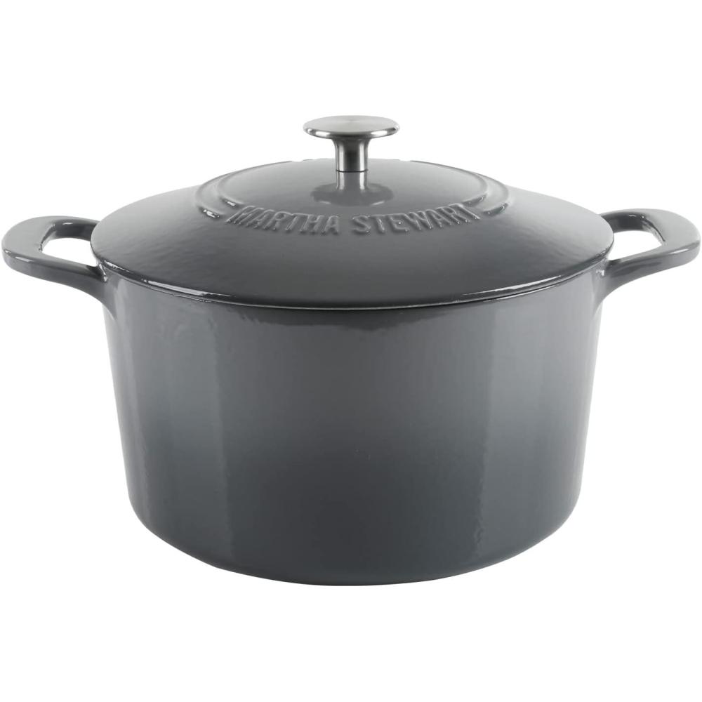imageMARTHA STEWART Gatwick 7Quart Enamel Cast Iron Dutch Oven Martha Blue HeavyDuty Dutch Oven for Slow Cooking Braising ampamp BakingClassic Gray
