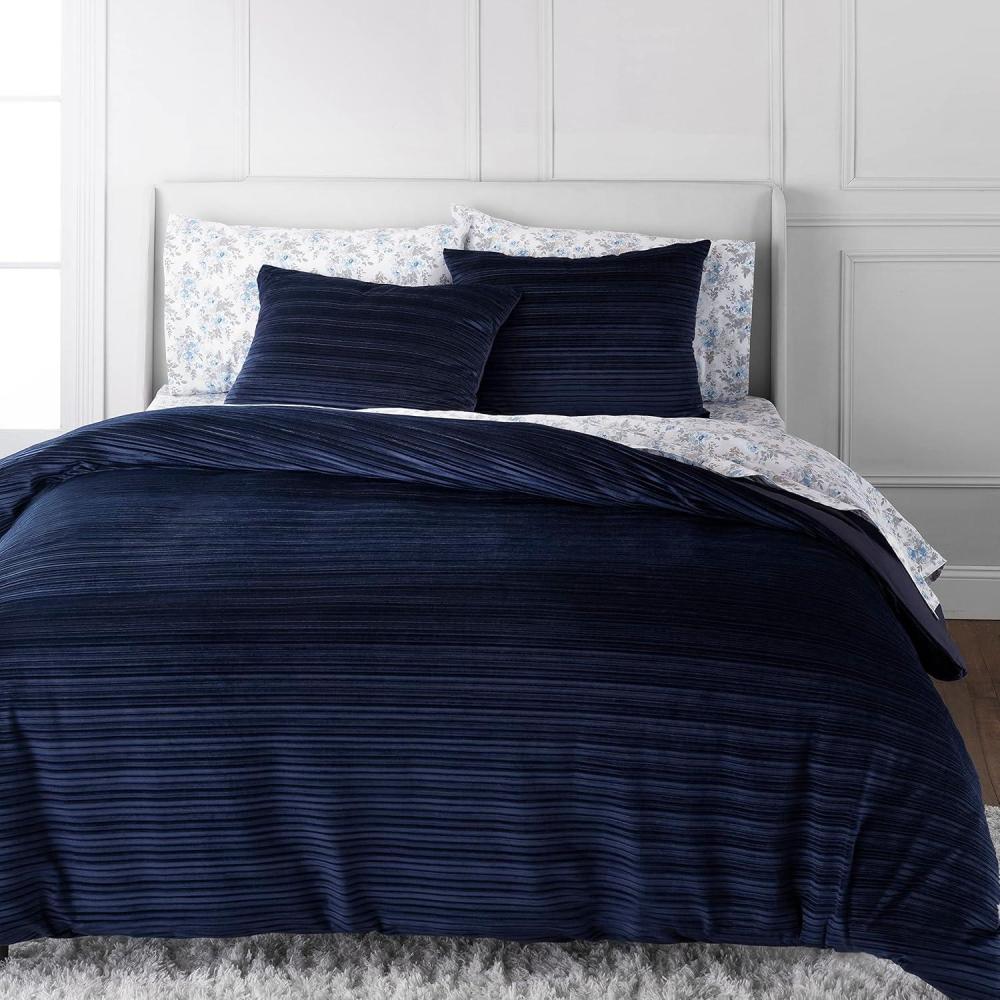 imageMARTHA STEWART Natalie King Size Duvet 3 Piece Set1 Duvet Cover 2 Pillow Shams Crinkle Velvet Texture Soft ampamp Royal Machine Wash 104quotx92quot with Button Closure ChampagneNavy