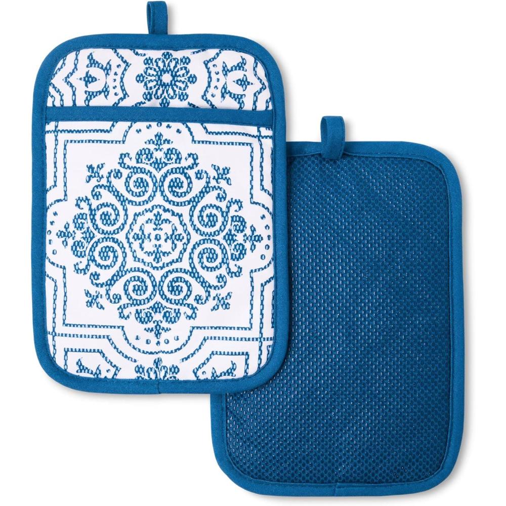 imageMARTHA STEWART Strie Medallion Pot Holder 2Pack Set Heat Resistant NonSlip Silicone Grip Navy Blue 7quotx10quot