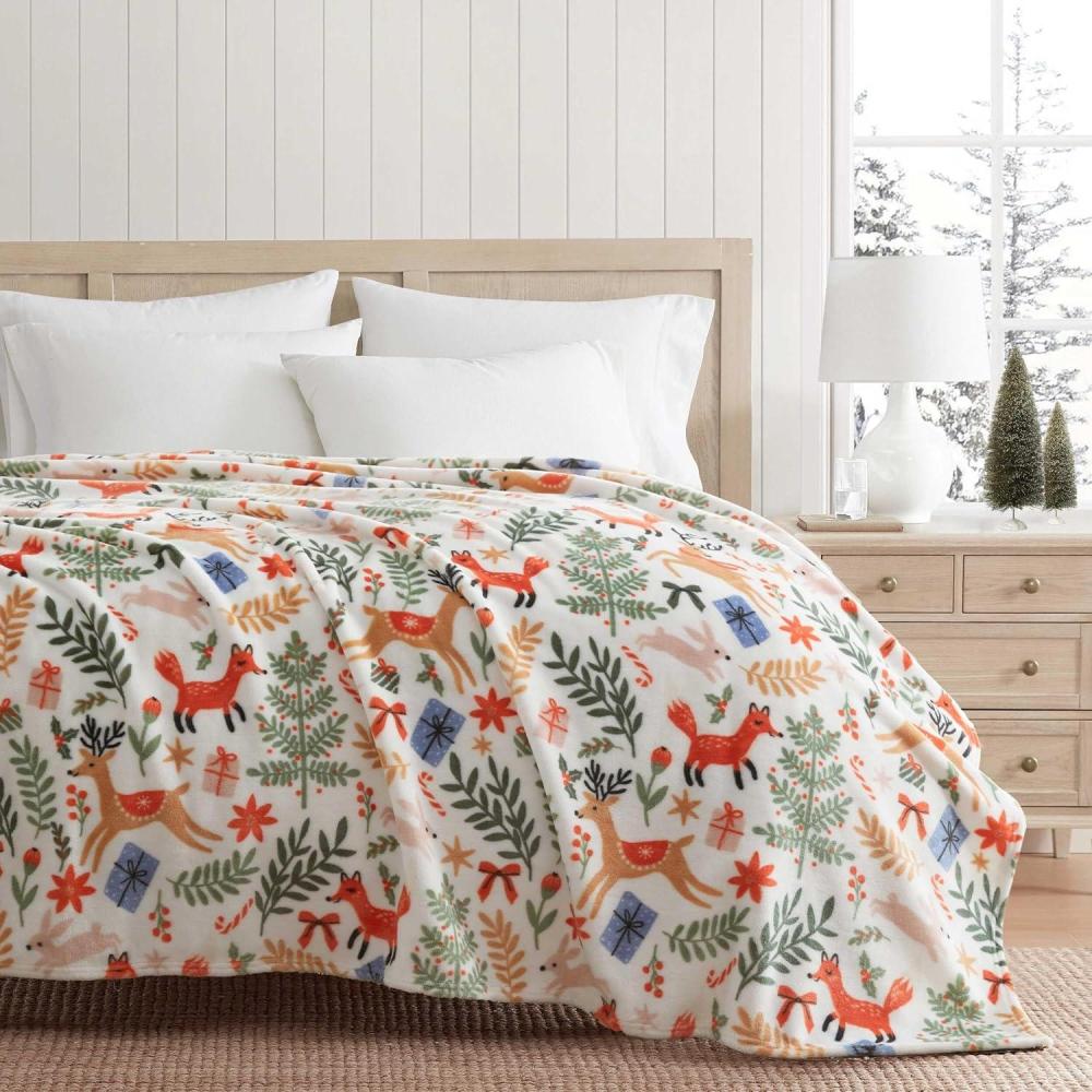 imageMartha Stewart Blanket Incredibly Soft Throw Blanket for Couch or Bed Printed Plush ampamp Oversized Bedding Madison Gingham Green 60quot x 70quotHoliday Woodland White