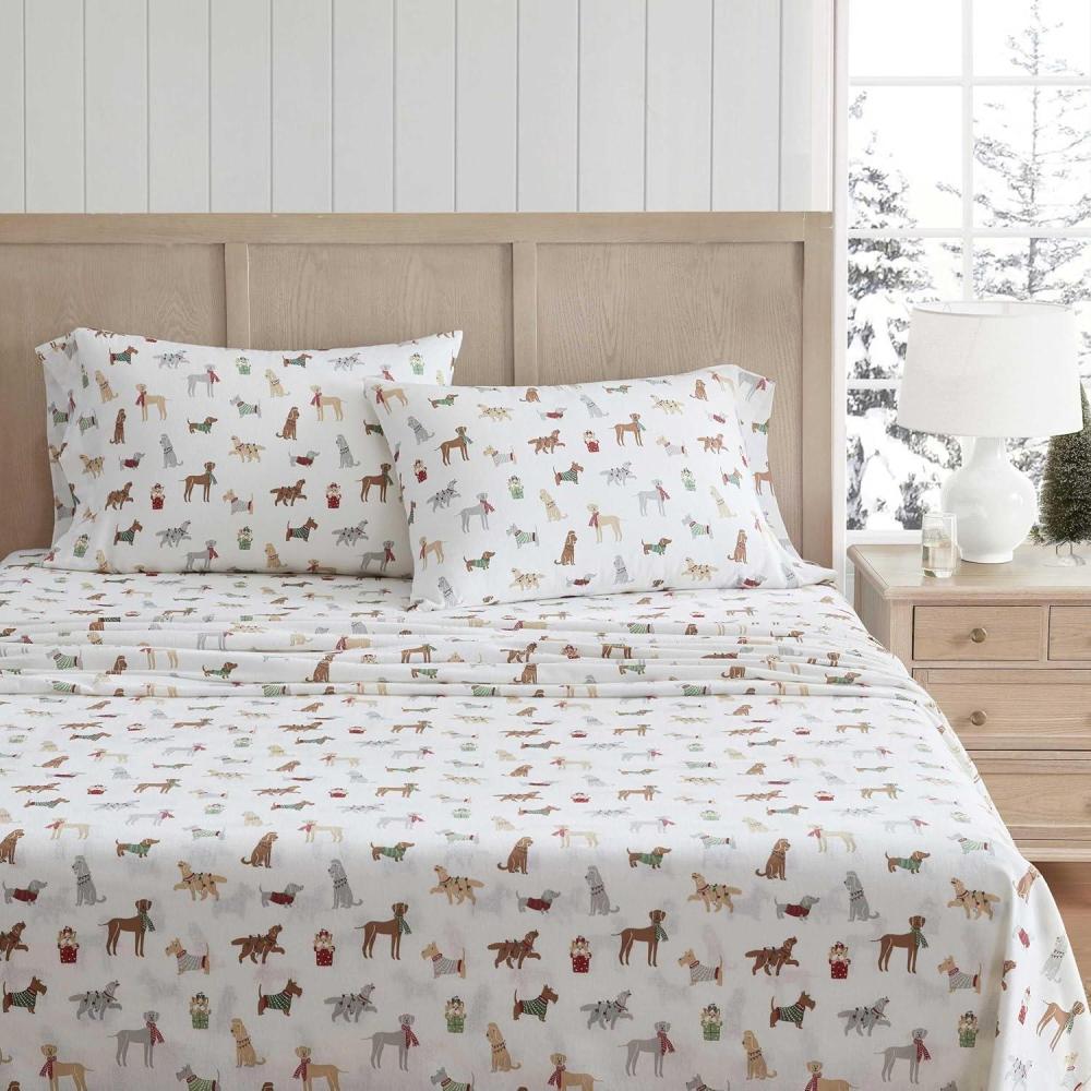 imageMartha Stewart Flannel Sheets Full Size AntiPilling ampamp Wrinkle Resistant Cotton Touchably Soft for AllSeason Comfort Matching Pillowcases ampamp Fitted Sheet Wreaths ampamp Mistletoe GreenHoliday Pups Brown
