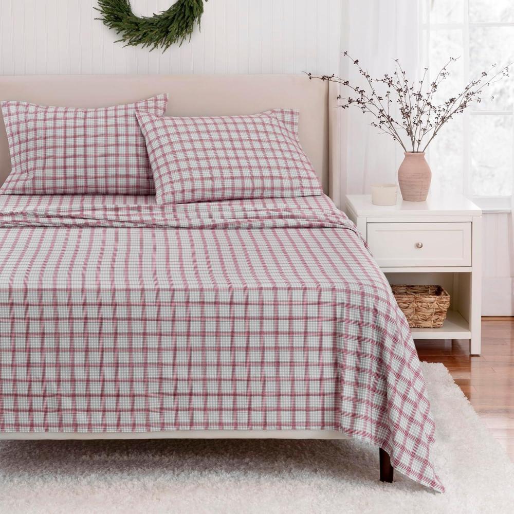 imageMartha Stewart  Flannel Sheets Full Size AntiPilling ampamp Wrinkle Resistant Cotton Touchably Soft for AllSeason Comfort  Matching Pillowcases ampamp Fitted Sheet Wreaths ampamp Mistletoe GreenHoliday Lodge Plaid RedGrey