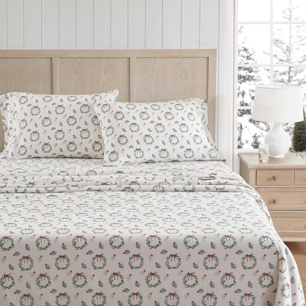 imageMartha Stewart  Flannel Sheets Full Size AntiPilling ampamp Wrinkle Resistant Cotton Touchably Soft for AllSeason Comfort  Matching Pillowcases ampamp Fitted Sheet Wreaths ampamp Mistletoe GreenWreaths  Mistletoe Green