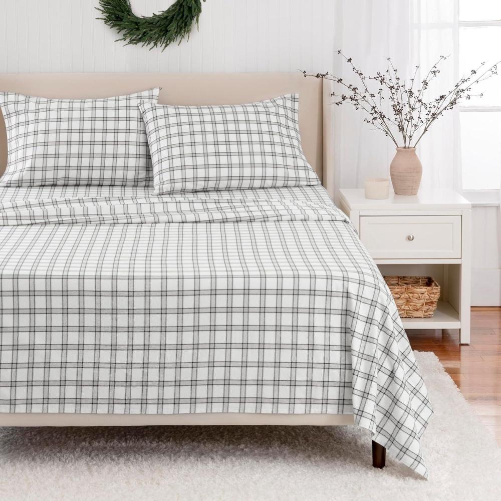 imageMartha Stewart Flannel Sheets Full Size AntiPilling ampamp Wrinkle Resistant Cotton Touchably Soft for AllSeason Comfort Matching Pillowcases ampamp Fitted Sheet Wreaths ampamp Mistletoe GreenHoliday Windowpane Plaid WhiteGrey