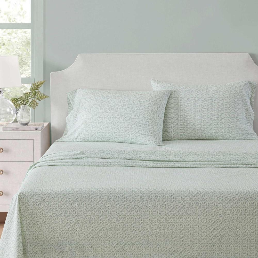 imageMartha Stewart Full Size Sheets Set Crisp ampamp Tailored Cooling Sheets wa Naturally Smooth Cotton Percale Lightweight Feel Bed Sheets with Matching Pillowcases ampamp Fitted Sheet Small Gingham PinkLeaves Green