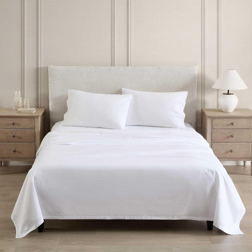 imageMartha Stewart  Full Size Sheets Set Crisp ampamp Tailored Cooling Sheets wa Naturally Smooth Cotton Percale Lightweight Feel  Bed Sheets with Matching Pillowcases ampamp Fitted Sheet Skylands Solid BlueLilly Pond Leaf Beige