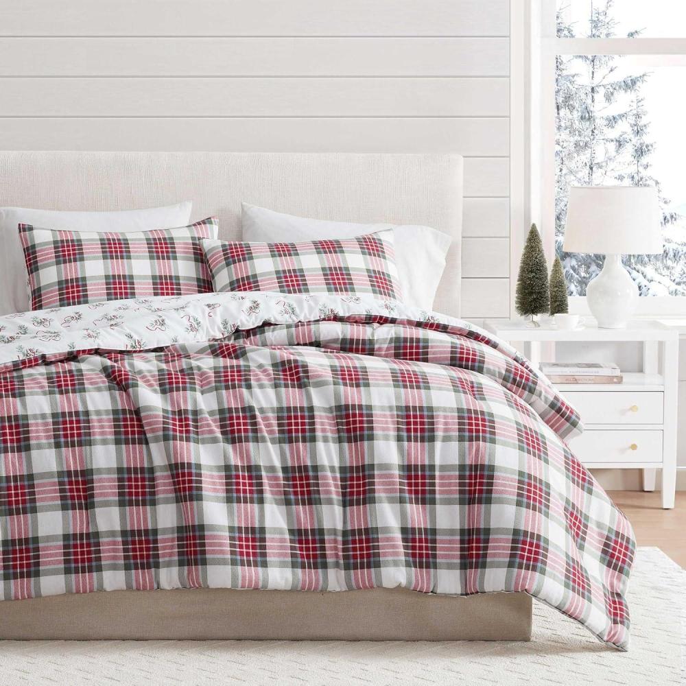 imageMartha Stewart Queen Bedding Comforter Sets Wonderfully Plush ampamp Naturally Soft Cotton Flannel Bedding wMatching Pillowcases 3 Piece Bed Sets Yuletide Spruce PlaidHoliday Ribbons RedYuletide Spruce PlaidHoliday Ribbons Red