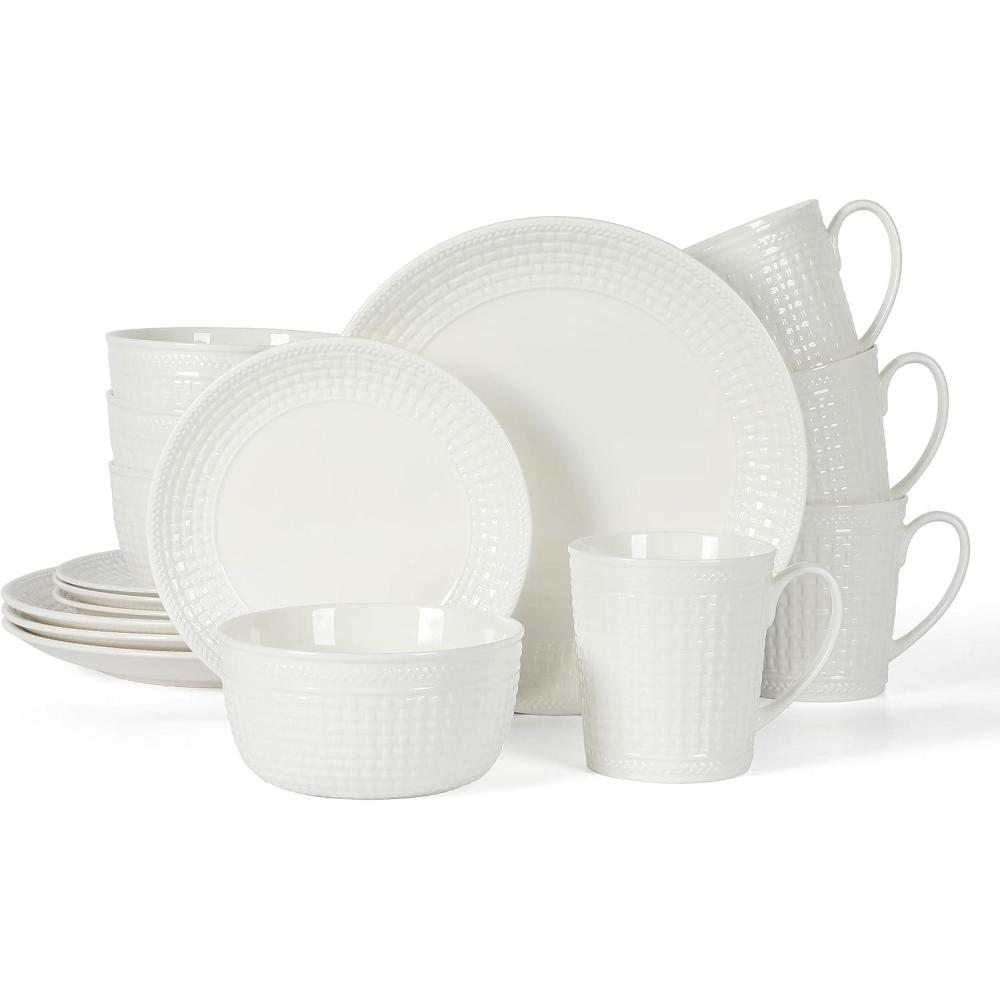 imageMartha Stewart 16 Piece Basket Weave New Bone China Embossed Porcelain Chip and Scratch Resistant Dinnerware SetWhite Basket Weave