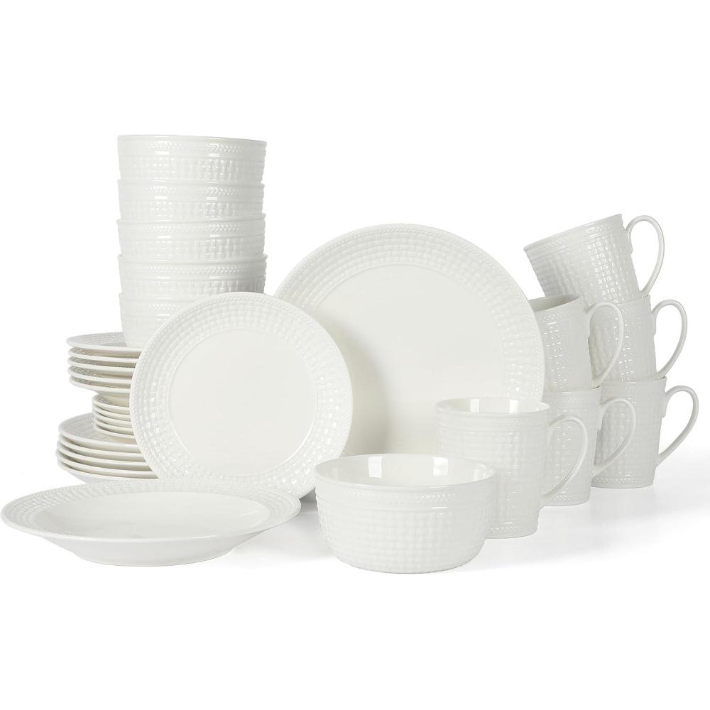 imageMartha Stewart 16 Piece Basket Weave New Bone China Embossed Porcelain Chip and Scratch Resistant Dinnerware SetWhite Embossed
