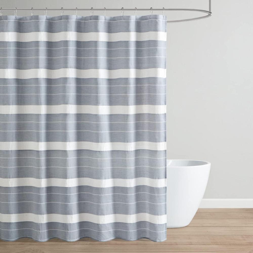 imageMartha Stewart Adrien Farmhouse Shower Curtain Neutral Color Striped Design with Pleated Accent Soft Woven Fabric Shower Curtain Boho Modern Bathroom Dcor Machine Washable 72quot x 72quot DenimDenim