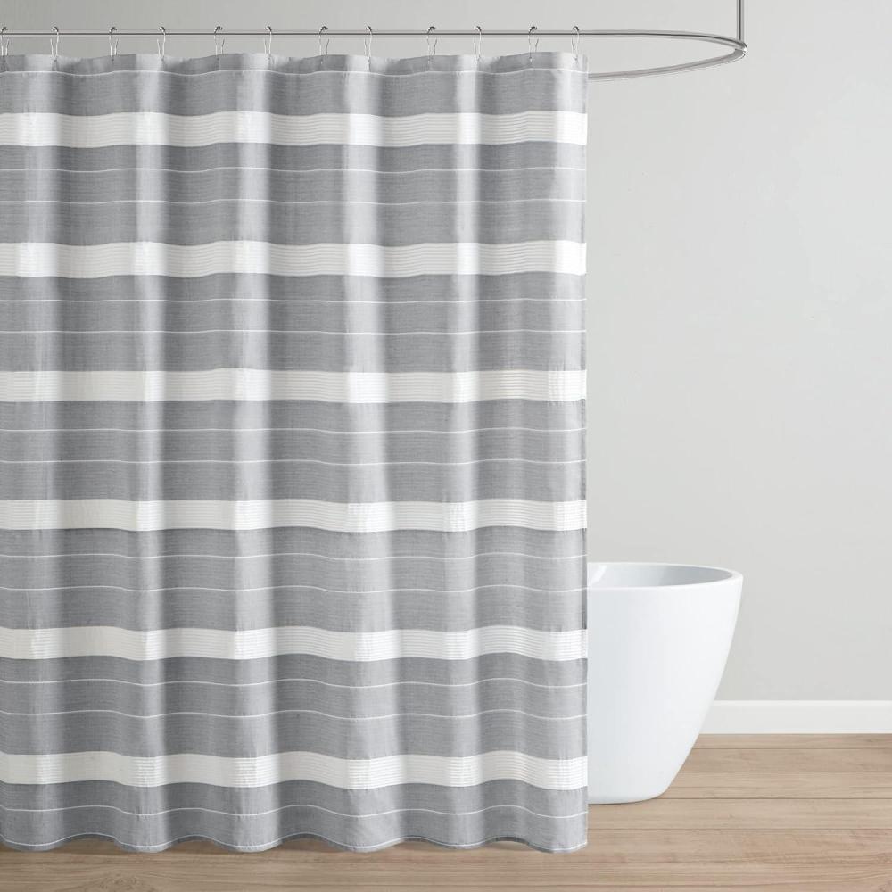 imageMartha Stewart Adrien Farmhouse Shower Curtain Neutral Color Striped Design with Pleated Accent Soft Woven Fabric Shower Curtain Boho Modern Bathroom Dcor Machine Washable 72quot x 72quot DenimCharcoal