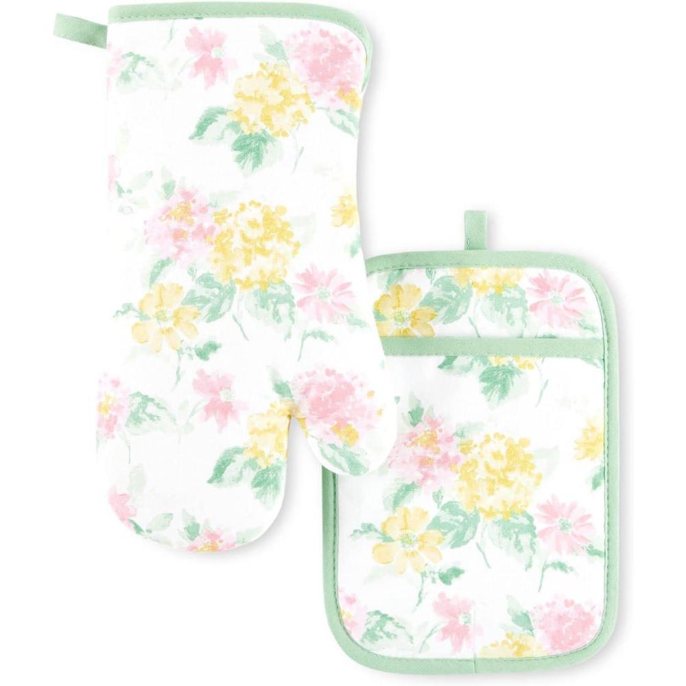 imageMartha Stewart Amber Floral Oven Mitt ampamp Pot Holder Set 2Pack PinkYellow OM 7quotx13quot ampamp PH 7quotx10quotPetal Pink
