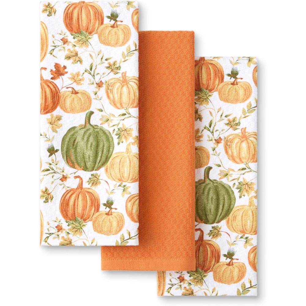 imageMartha Stewart Autumn Harvest Falling Leaves Kitchen Towel 3Pack Set 100 Cotton with Absorbent Terrycloth Decorative Kitchen Towels TanRedGreen 16quotx28quotOrangeGreenIvory