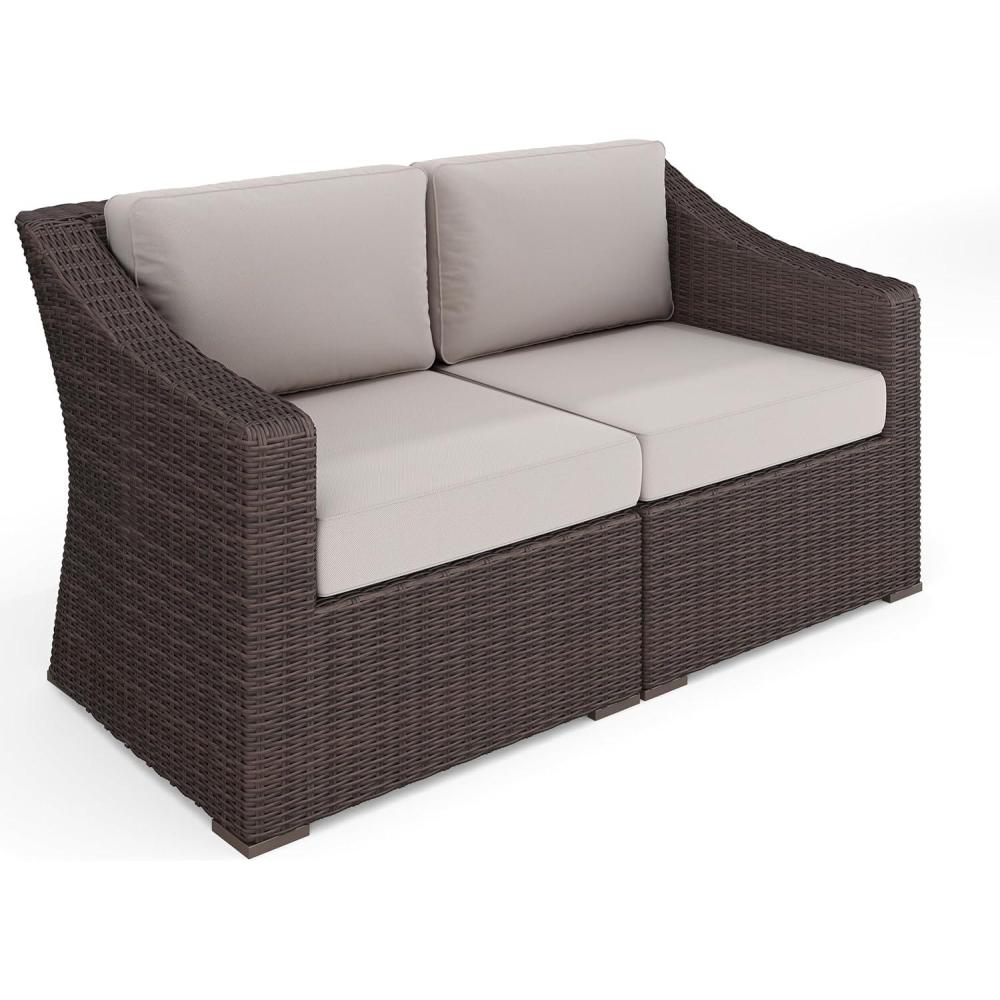 imageMartha Stewart Bedford IndoorOutdoor Modular Patio Loveseat with Rattan Wicker Finish in Gray with Gray AllWeather CushionsTan CushionsBrown Frame