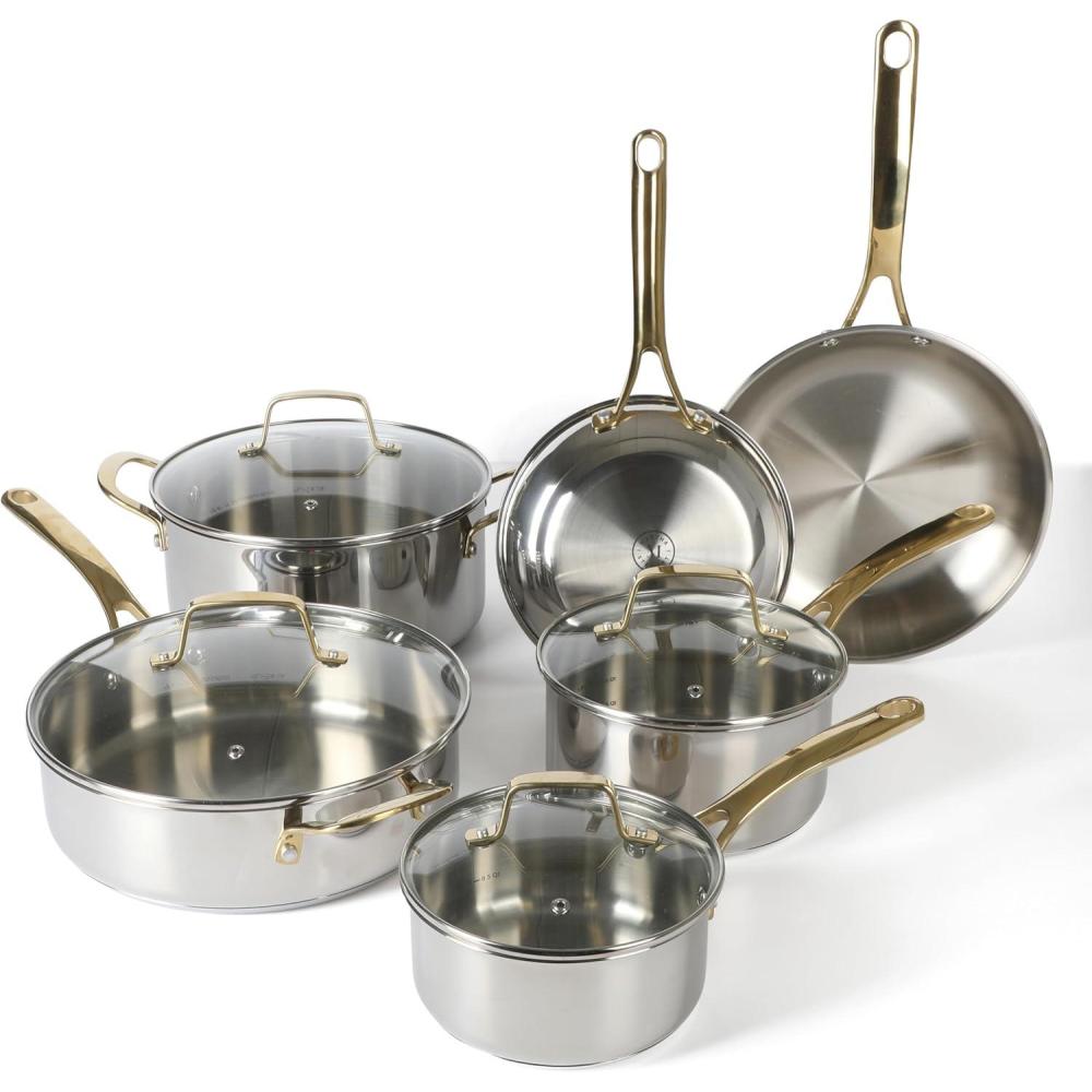 imageMartha Stewart Castelle 10 Piece 188 Durable Stainless Steel Induction Safe NonToxic Triply Bottom Kitchen Pots and Pans Cookware Set  Dishwasher SafeStainless Steel W Gold Handle