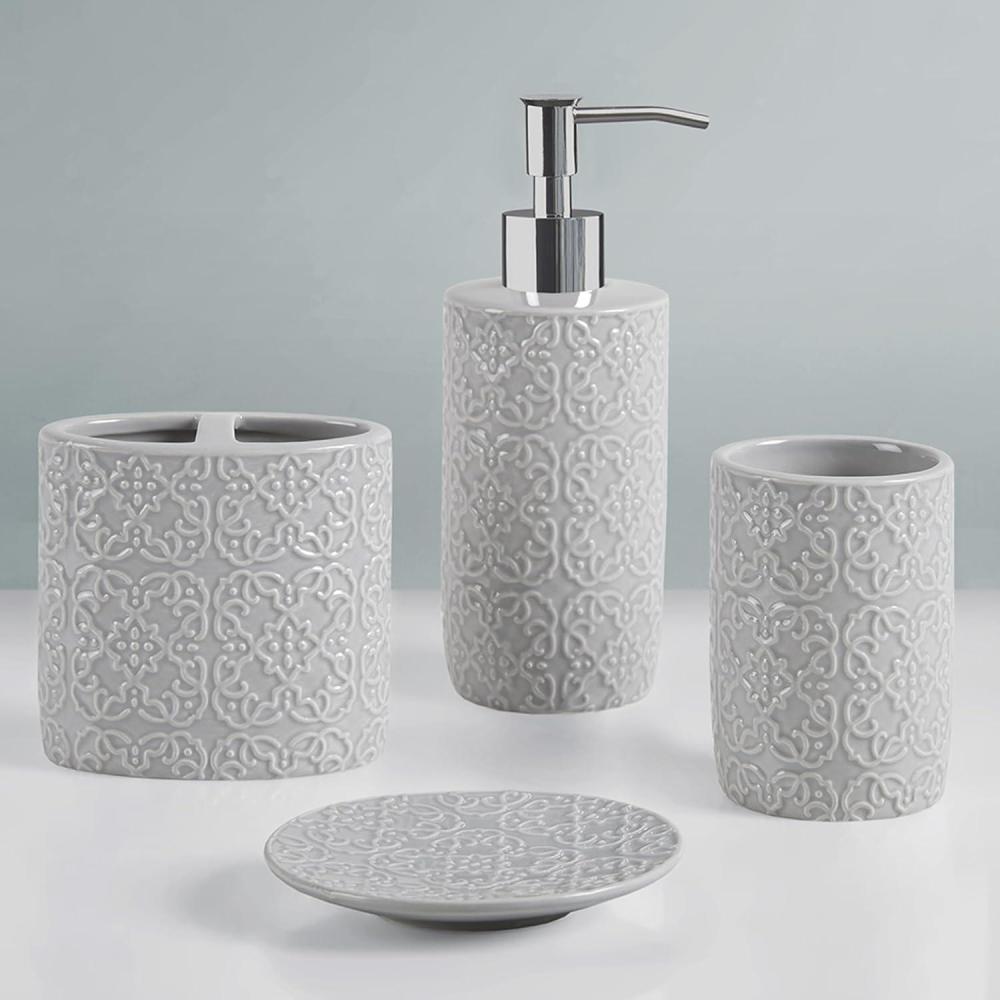 imageMartha Stewart Ceramic Bathroom Accessories Set Vanity Decor Storage Organizer Embossed Damask Medallion LotionSoap Dispenser Toothbrush Holder Tumbler Trinket Dish Assorted Sizes WhiteGrey