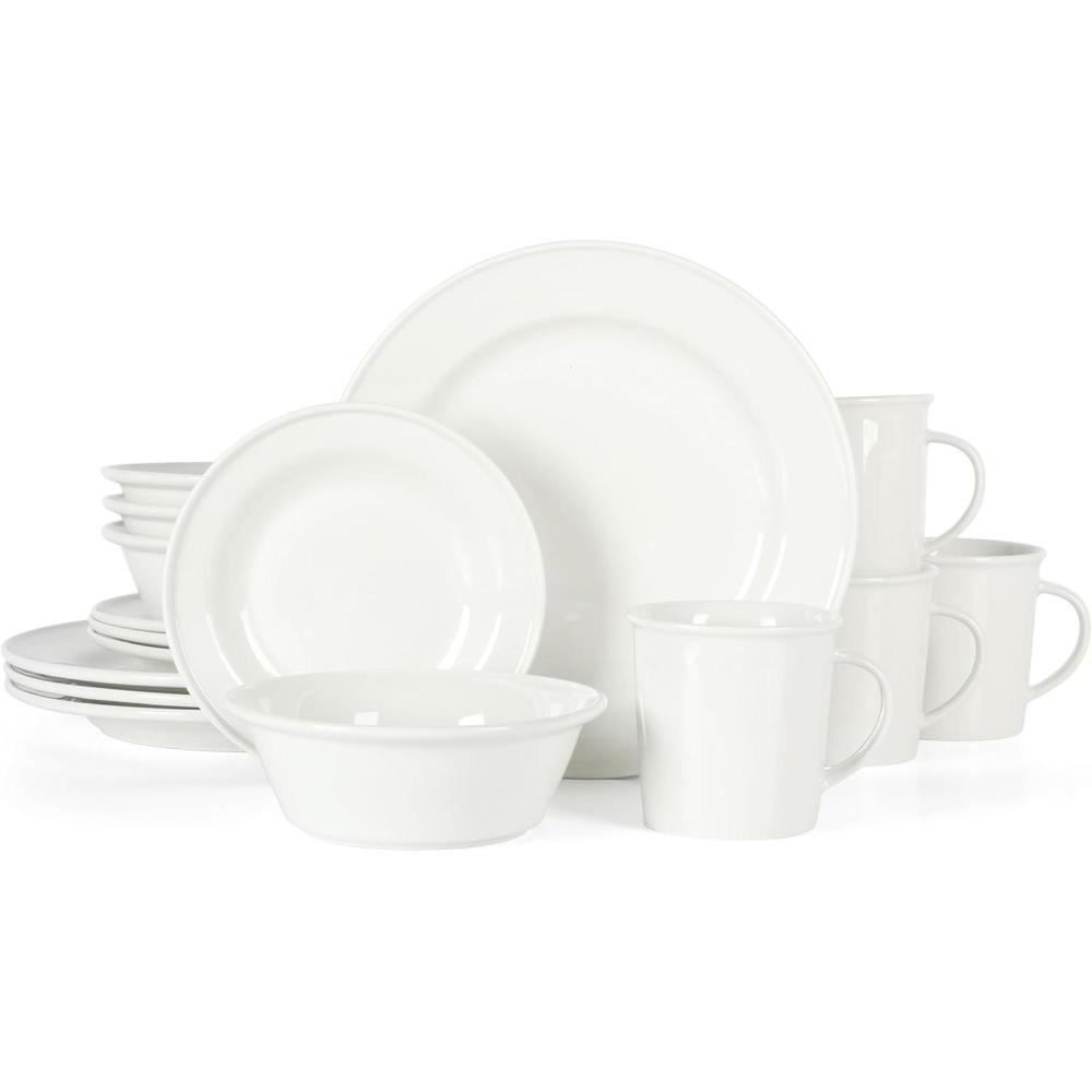 imageMartha Stewart Cliffield 16Piece Chip and Scratch Resistant Porcelain Dinnerware Set White wBlue RimWhite