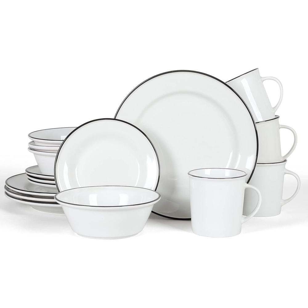 imageMartha Stewart Cliffield 16Piece Chip and Scratch Resistant Porcelain Dinnerware Set  White wBlue RimWhite w Black Rim