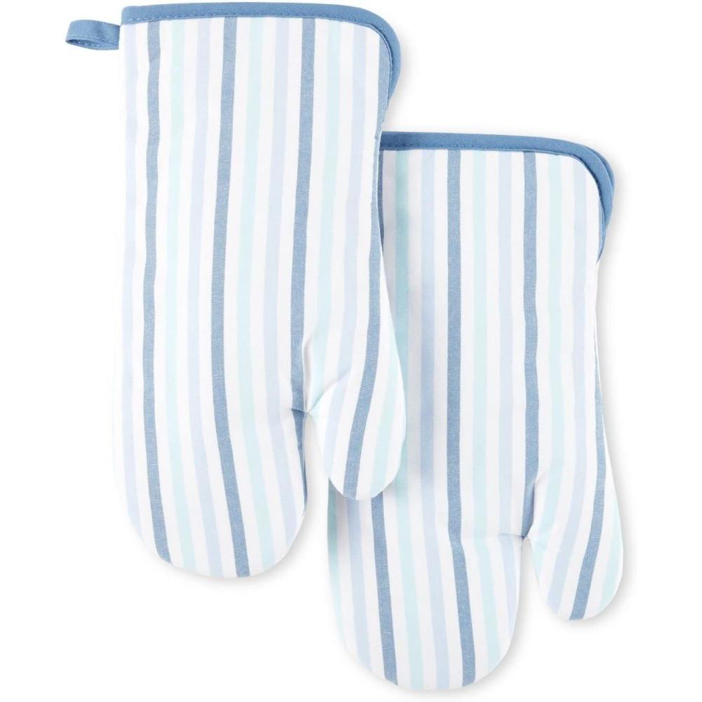 imageMartha Stewart Daisy Stripe Oven Mitt Set 2Pack BeigeBrown 7quotx13quotBlue