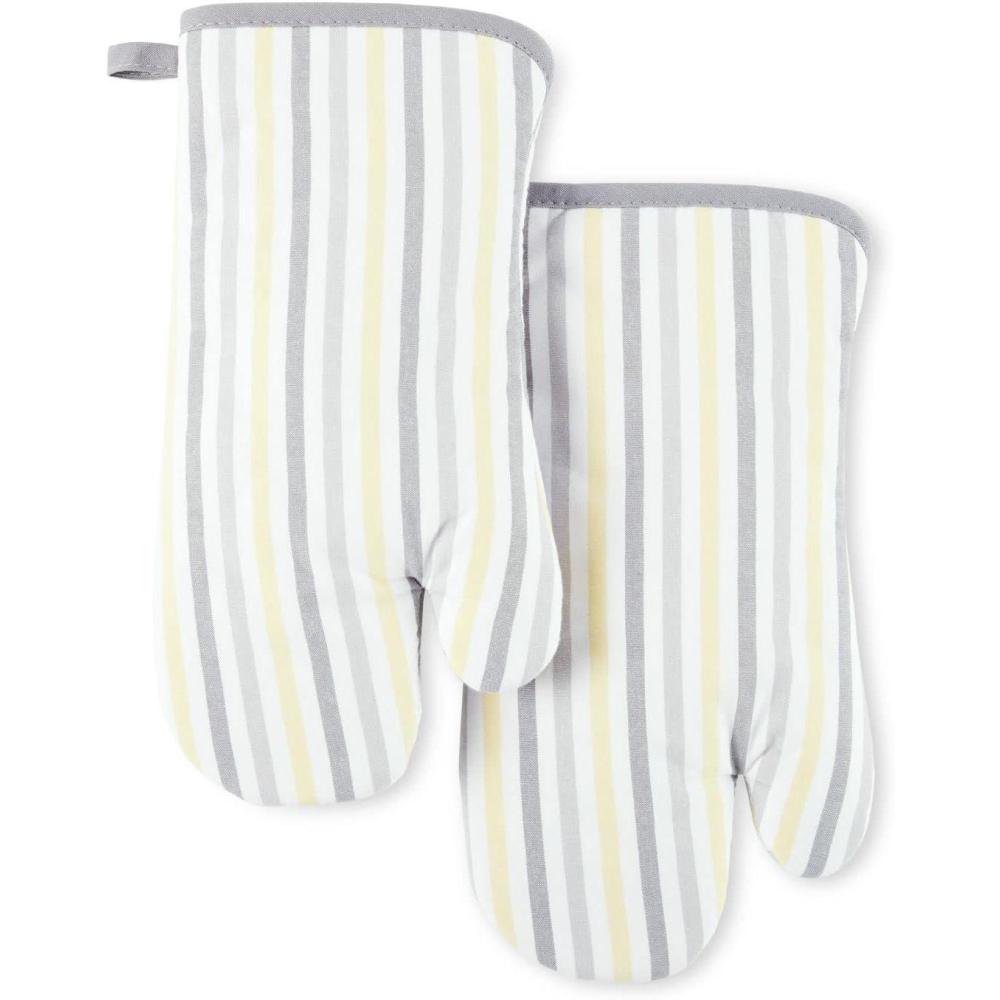 imageMartha Stewart Daisy Stripe Oven Mitt Set 2Pack BeigeBrown 7quotx13quotGreyYellow