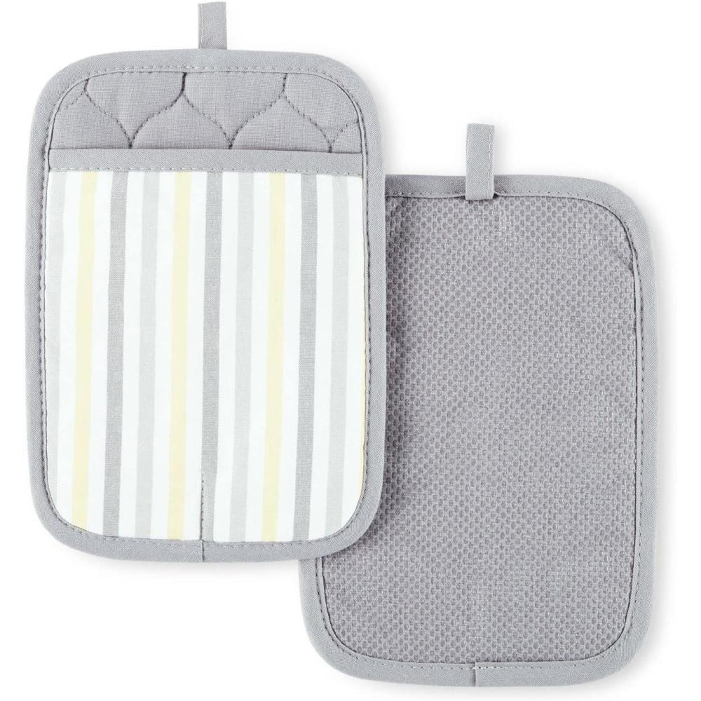 imageMartha Stewart Daisy Stripe Pot Holder Set 2Pack Blue 7quotx10quotGreyYellow