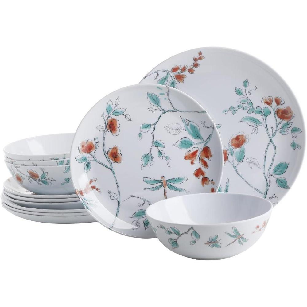 imageMartha Stewart Dragonfly 12 Piece Decorated Melamine Dinnerware Set  WhiteWhite