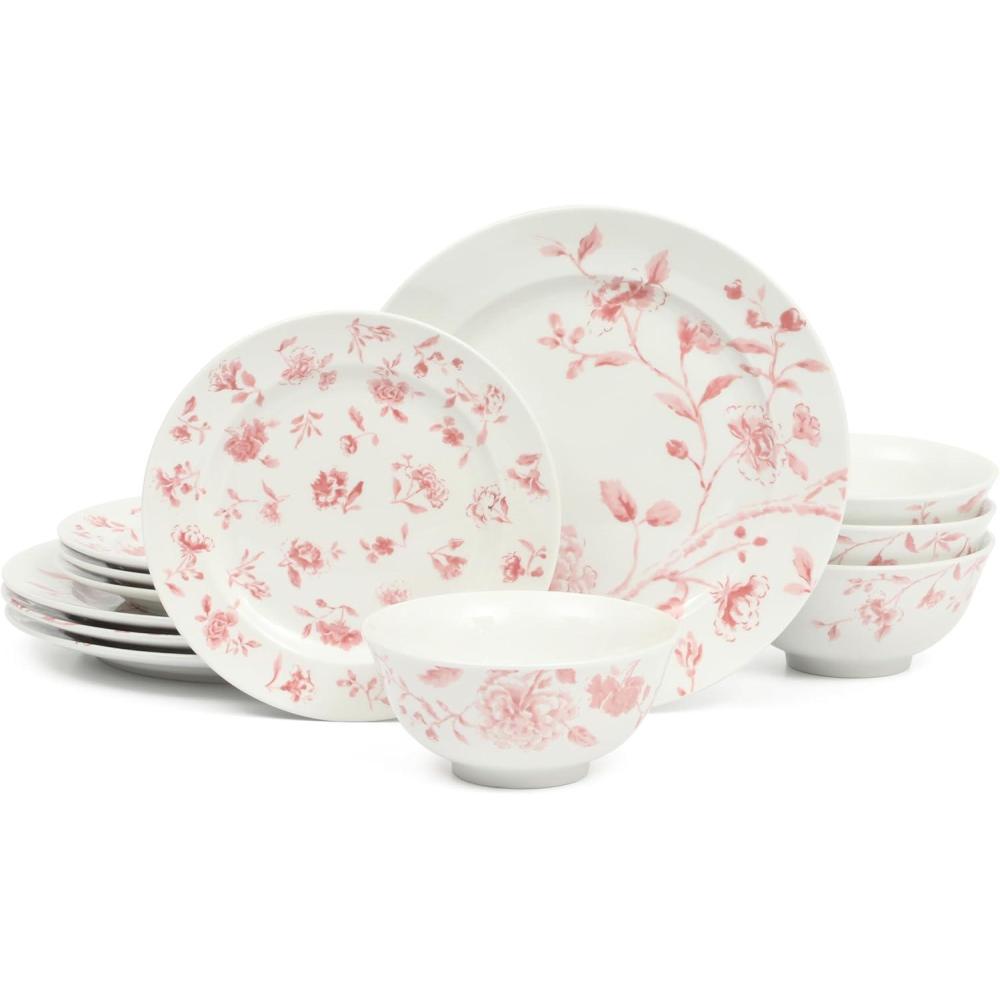 imageMartha Stewart Empress Bouquet 12Piece Decorated Porcelain Chip and Scratch Resistant Dinnerware Plates and Bowls Set Pink FloralPink Floral