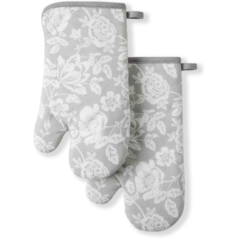 imageMartha Stewart Floral Vine Oven Mitt 2Pack Set Grey 7quotx13quotFloral Vine