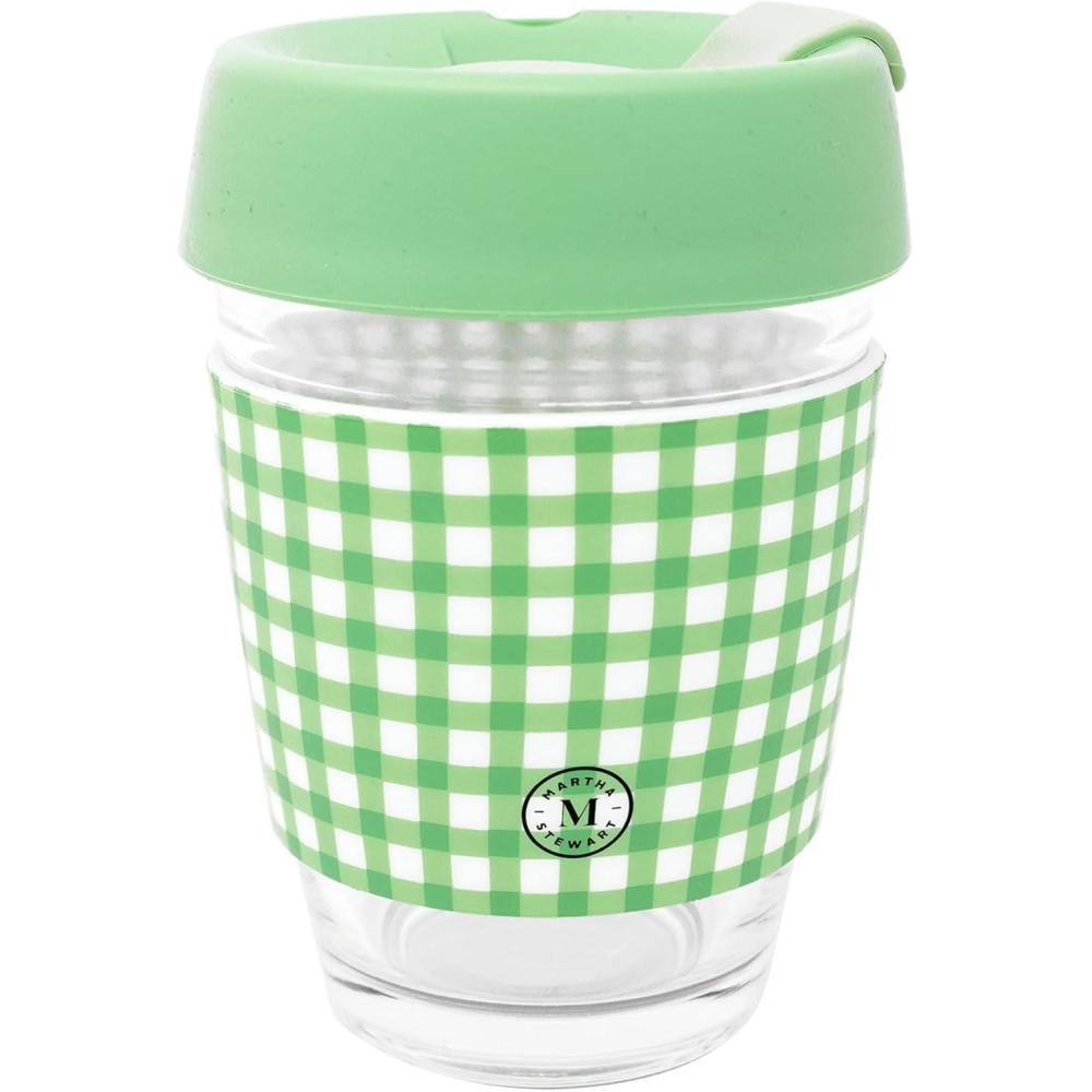 imageMartha Stewart Glass Tumbler 12 Ounce Travel Coffee Mug with Splashproof Lid ampamp Green Gingham Silicone Sleeve Hot or Cold Beverages Arcadian Green Gingham