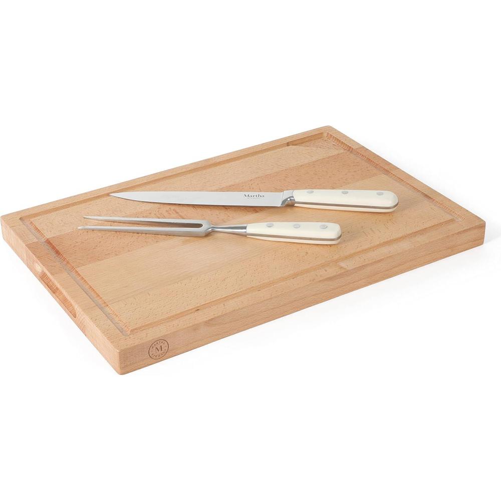 imageMartha Stewart Goswell 3pc Set w 8quot Triple Riveted Stainless Steel Carving Knife 6quot Triple Riveted Stainless Steel Carving Fork wBeech Wood Cutting and Serving BoardLinen