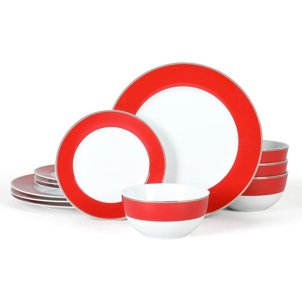 imageMartha Stewart Gracie Lane 12Piece Porcelain Chip and Scratch Resistant Decorated Dinnerware Set Sharkey Grey wGold RimPersimmon w Gold Rim