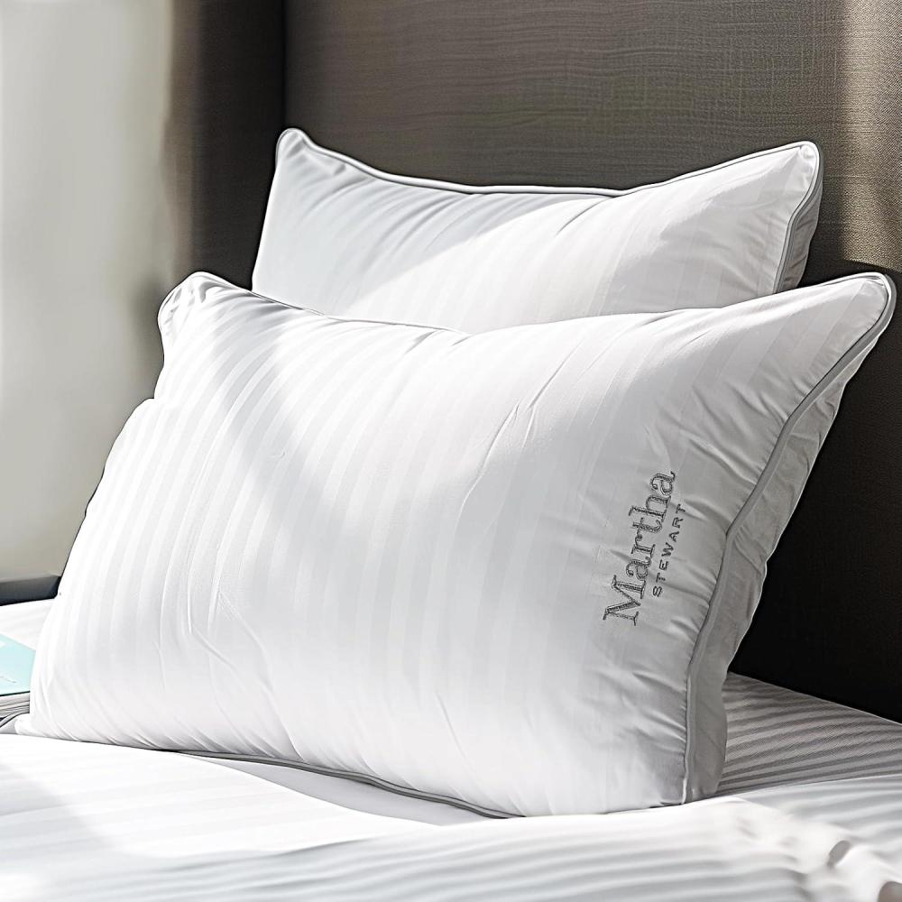imageMartha Stewart Hotel Collection Pillow 500 Thread Count Damask Stripe Embroidered Feathers Soft Hypoallergenic 100 Cotton Queen Size Set of 2White