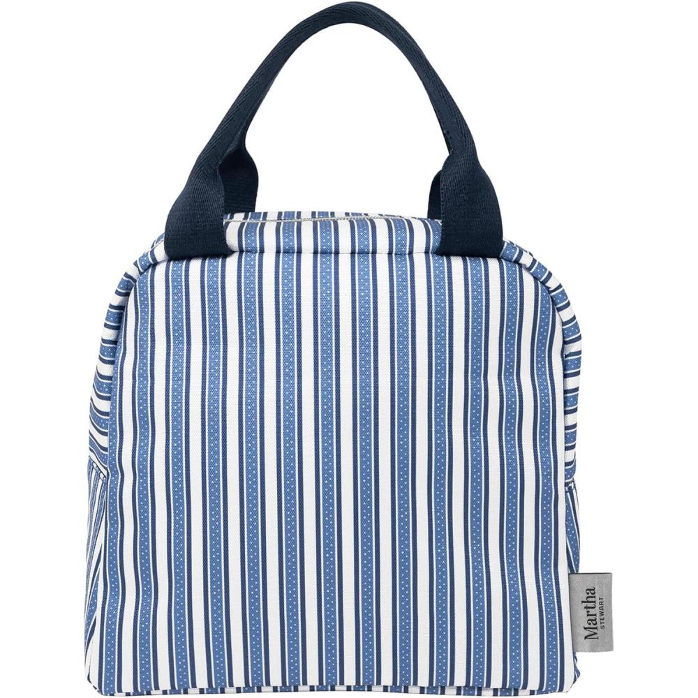 imageMartha Stewart Insulated Lunch Box for Women Spacious Lunch Tote 11quot x 65quot x 135quot Comfortable Carrying Straps ampamp Storage Pocket Deep Ultramarine Stripe