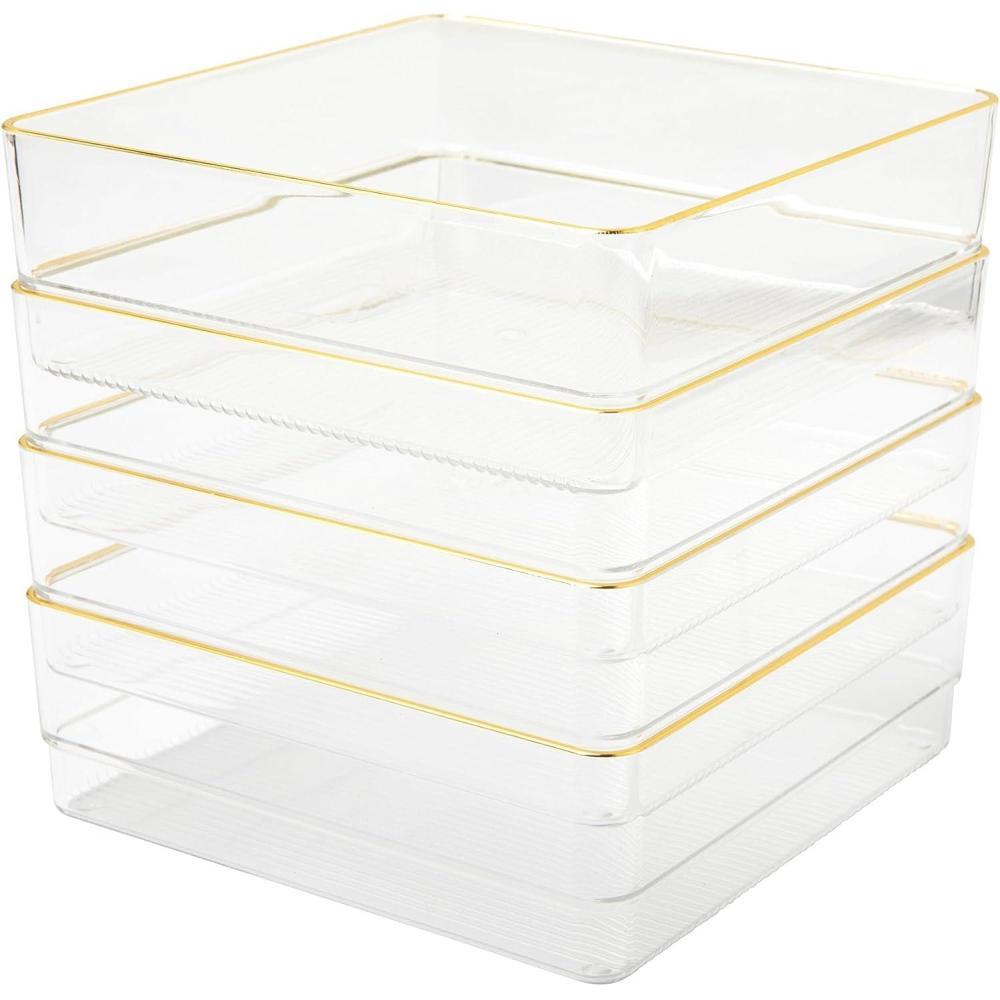 imageMartha Stewart Kerry Plastic Stackable Office Desk Drawer Organizers 6quot x 3quot 6 Pack with Gold Trim6 x 6