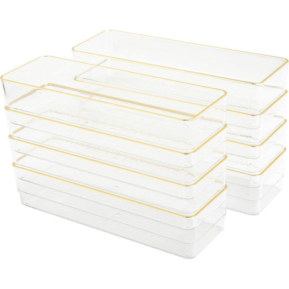 imageMartha Stewart Kerry Plastic Stackable Office Desk Drawer Organizers 6quot x 3quot 6 Pack with Gold Trim9 x 3