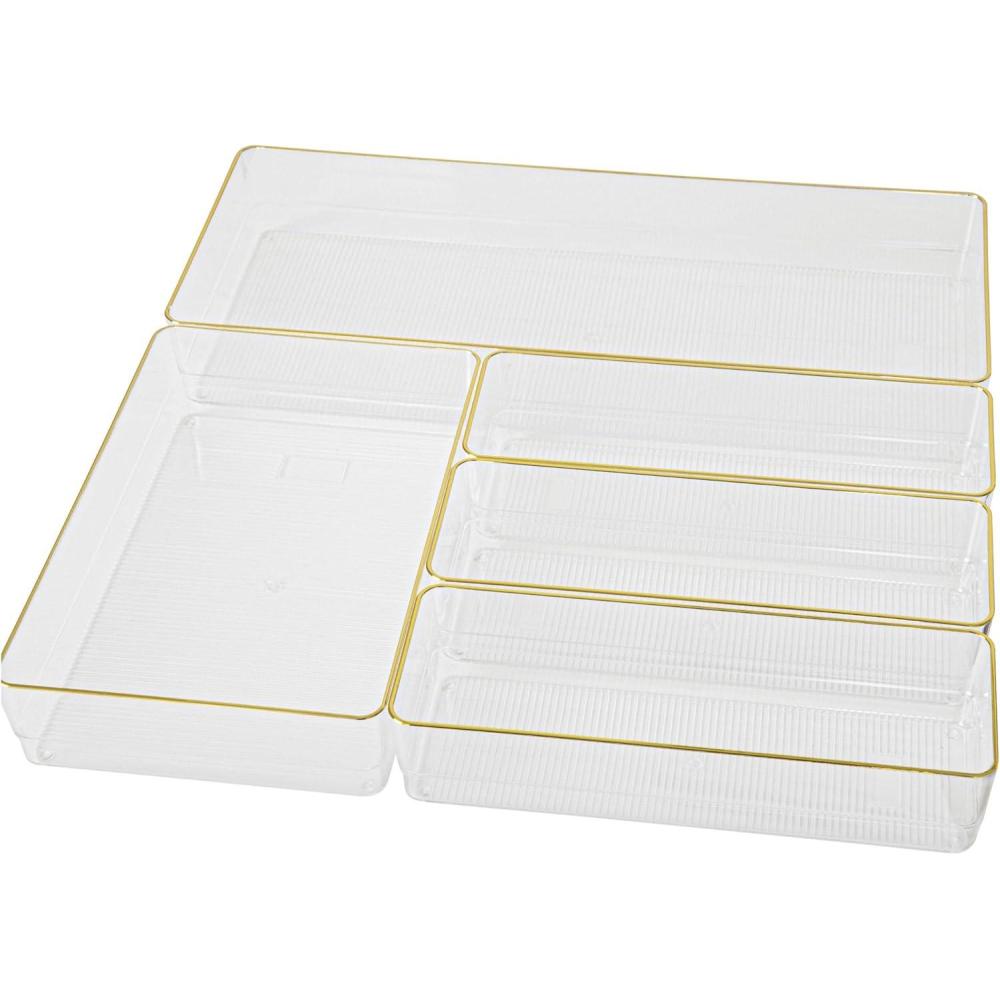imageMartha Stewart Kerry Plastic Stackable Office Desk Drawer Organizers Set of 5 with Gold TrimSet of 5